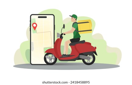 Delivery man illustration. A young guy with a backpack rides a scooter. Fast delivery. Delivery service.