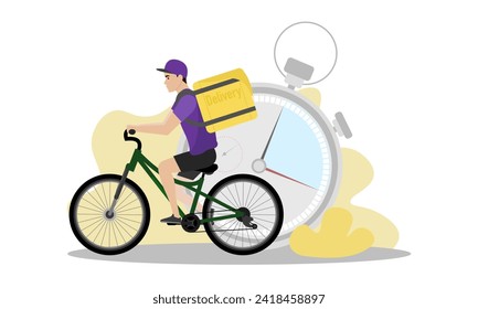 Delivery man illustration. A young guy with a backpack rides a bicycle. Fast delivery. Delivery service.