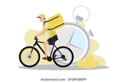 Delivery man illustration. A young guy with a backpack rides a bicycle. Fast delivery. Delivery service.