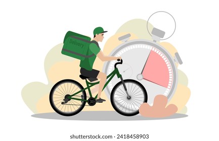 Delivery man illustration. A young guy with a backpack rides a bicycle. Fast delivery. Delivery service.