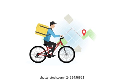 Delivery man illustration. A young guy with a backpack rides a bicycle against the background of a map with a route. Fast delivery. Delivery service.