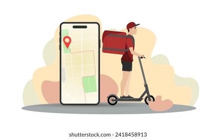 Delivery man illustration. A young guy with a backpack rides an electric scooter. Fast delivery. Delivery service.