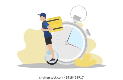 Delivery man illustration. A young guy with a backpack rides an electric unicycle. Fast delivery. Delivery service.