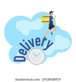  Delivery man illustration. A young guy with a backpack is running. Fast delivery. Delivery service.