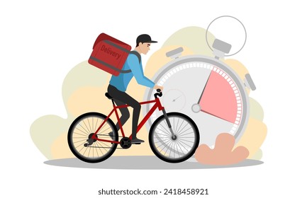 Delivery man illustration. A young guy with a backpack rides a bicycle. Fast delivery. Delivery service.