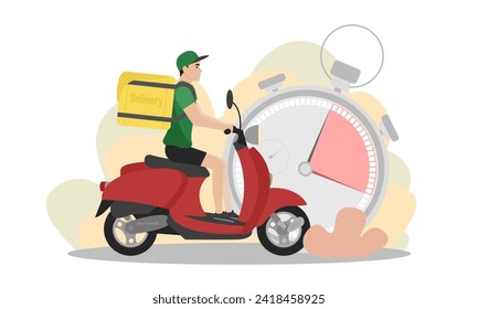 Delivery man illustration. A young guy with a backpack rides a scooter. Fast delivery. Delivery service.