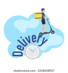 Delivery man illustration. A young guy with a backpack rides an electric scooter. Fast delivery. Delivery service.