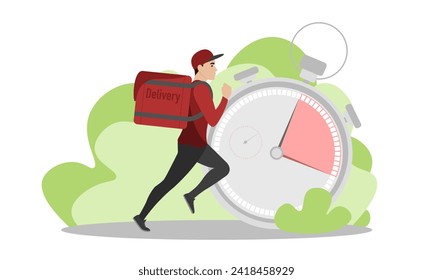  Delivery man illustration. A young guy with a backpack is running. Fast delivery. Delivery service.