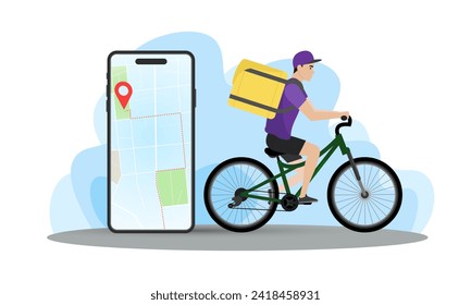 Delivery man illustration. A young guy with a backpack rides a bicycle. Fast delivery. Delivery service.