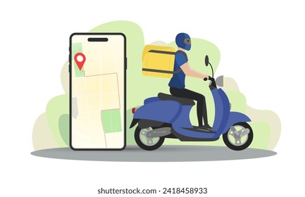 Delivery man illustration. A young guy with a backpack rides a scooter. Fast delivery. Delivery service.