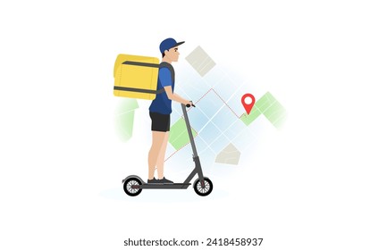 Delivery man illustration. A young guy with a backpack rides an electric scooter against the background of a map with a route. Fast delivery. Delivery service.