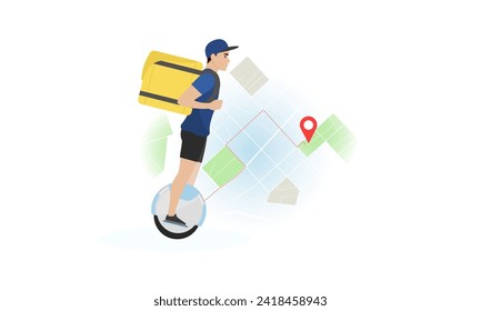 Delivery man illustration. A young guy with a backpack rides an electric unicycle against the background of a map with a route. Fast delivery. Delivery service.