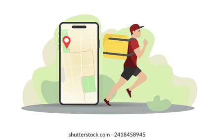 Delivery man illustration. A young guy with a backpack is running. Fast delivery. Delivery service.