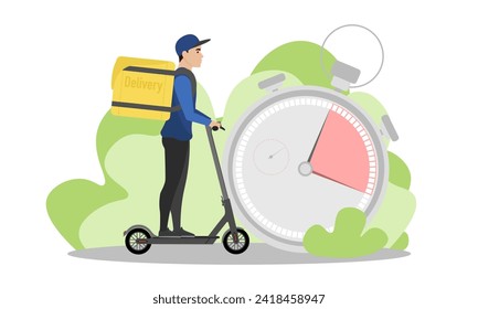 Delivery man illustration. A young guy with a backpack rides an electric scooter. Fast delivery. Delivery service.