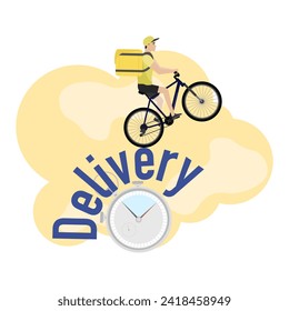 Delivery man illustration. A young guy with a backpack rides a bicycle. Fast delivery. Delivery service.