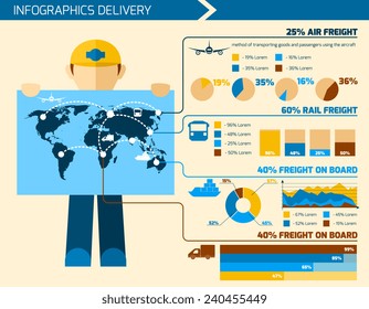 Delivery man infographics flat set with courier merchandise elements charts and world map vector illustration