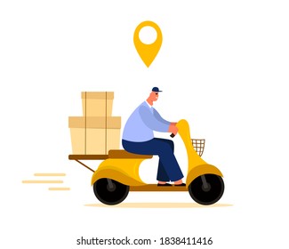 Delivery Man Isolated rides a bike in a flat style. Courier On A Motorcycle. Carton boxes. With Navigation SignParcel delivery service. Vector Stock Illustration.
