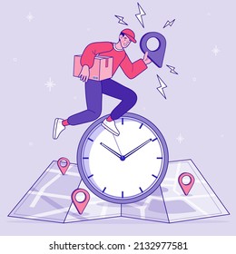 Delivery man jumped over the clock. running man with postal box. express delivery service. free shipping from internet shop and online store. Vector outline flat illustration. EPS 10