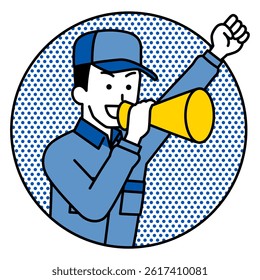 Delivery man jumps out of the circle and cheers with a megaphone