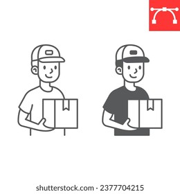 Delivery man line and glyph icon, service and courier, delivery man holding parcel vector icon, vector graphics, editable stroke outline sign, eps 10.
