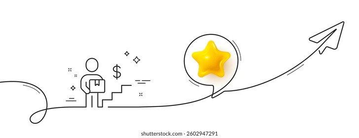 Delivery man line icon. Continuous line with share plane. Courier with package sign. Payable service symbol. 3d star in speech bubble. Delivery man single line ribbon. Loop curve pattern. Vector