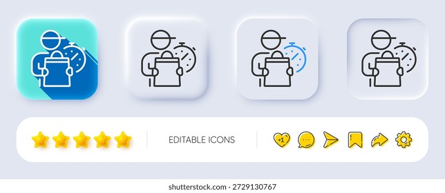 Icono de la línea del hombre de entrega. Neumórfico, Sombra plana, Botones 3D. Señal de mensajero exprés. Símbolo de entrega del pedido. Icono de hombre de entrega de línea. Iconos de redes sociales. Vector