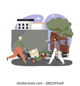Lieferant Mann, Lader mit Handwagen voll von Paketen, Kartons, Lieferwagen, flache Vektorgrafik. Schifffahrt, Logistik, Transportdienstleistungen Konzept.