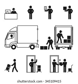Delivery man logistics system icons set illustration pictogram black color isolated on white background