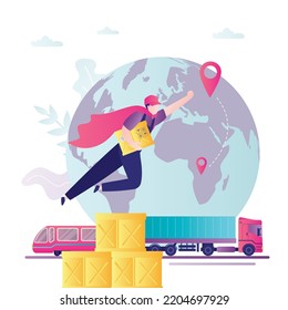 Delivery man looking like super hero flies through the sky. Male worker with parcels. Courier deliver packages to client. Logistic, fast shipment on railway or trucks. Flat vector illustration