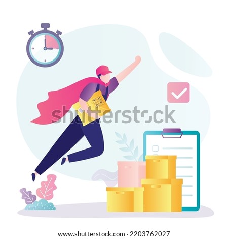 Delivery man looking like super hero flies through the sky. Male worker with parcels. Courier deliver packages to client on schedule, punctuality, just in time. Logistic, shipment. vector illustration