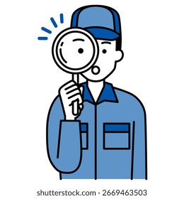 Delivery man looking through a magnifying glass