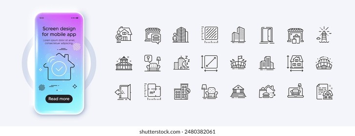 Iconos de línea de contrato de repartidor, salón y arrendamiento para App de Web. Pantalla de degradado de maqueta de teléfono. Paquete de edificios, entrega de alimentos, iconos de pictogramas de Arena. Vector