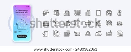 Delivery man, Lounge and Lease contract line icons for web app. Phone mockup gradient screen. Pack of Buildings, Food delivery, Arena pictogram icons. Vector