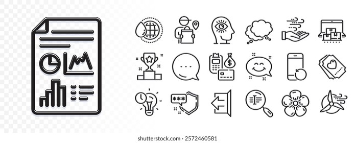 Delivery man, Love ticket and Shield line icons for web app. Glare of light effect. Message icon. Pack of Meditation eye, Windmill turbine, Speech bubble pictogram icons. Vector