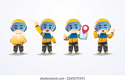 delivery man mascot collection yellow blue jacket with helmet