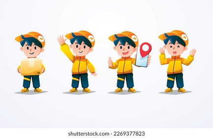 delivery man mascot collection yellow orange jacket with cap hat