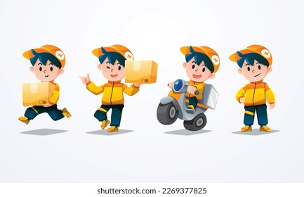 delivery man mascot collection yellow orange jacket with cap hat