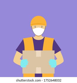 Delivery man in mask and gloves with box. Vector illustration