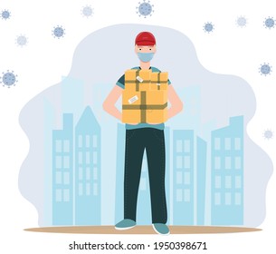 A delivery man in the mask hold the boxes in the hands, safe delivery concept, flat vector illustration