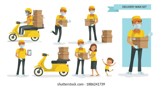 Delivery man mask set. Send the parcel. Order products online and stay at home during the lockdown.