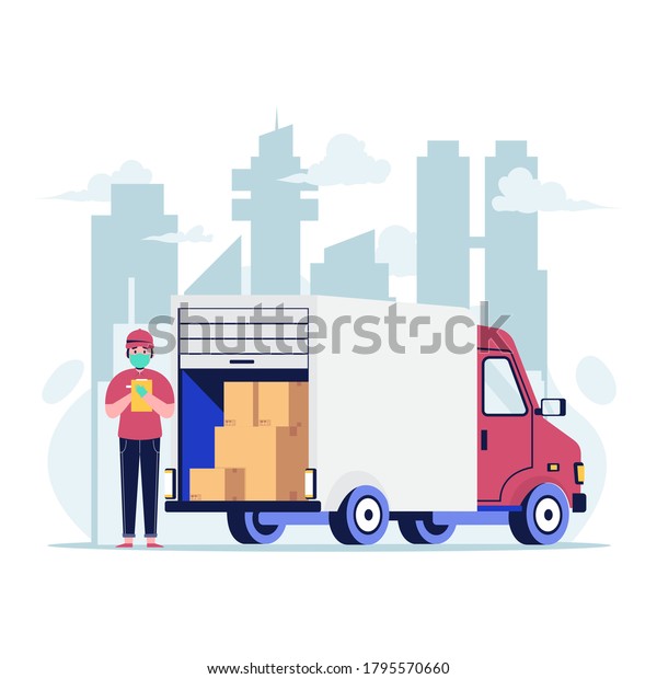 Delivery man in a medic mask with truck flat\
design vector\
illustration