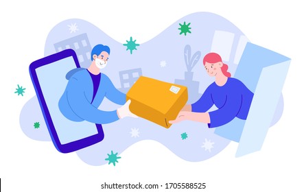 Delivery man in medical facial mask, gloves giving parcel to a young woman on quarantine. Concept of safe delivery during coronavirus pandemic, cute cartoon characters, online order via app