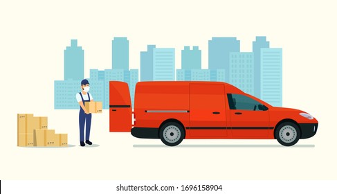 Delivery man in a medical mask with cardboard boxes. Cargo van. Vector flat style illustration.