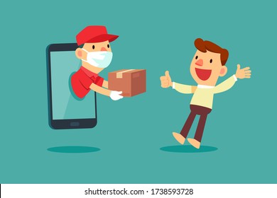 Delivery man with medical mask come out from smart phone to delivery package to a man at home. Delivery service concept.