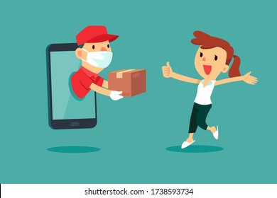 Delivery man with medical mask come out from smart phone to delivery package to a woman at home. Delivery service concept.