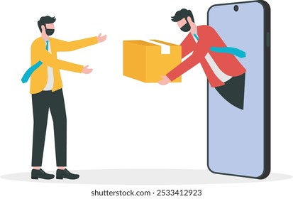 Delivery man with medical mask come out from smart phone to delivery package to a man at home. Delivery service concept.
