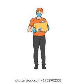 Delivery man in medical mask and gloves - coronavirus protection kit. Cartoon postal worker in COVID 19 protective respirator and uniform holding cardboard box, flat isolated vector illustration