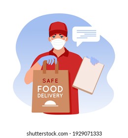 Delivery Man In A Medical Mask And Gloves Holding A Bag With Food .Prevention Of Coronavirus.Concept Of Safe Food Delivery During The Epidemic Coronavirus.Vector Illustration 