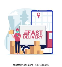 Delivery man with medical mask on his face holding package with fast delivery truck. Flat design vector illustration