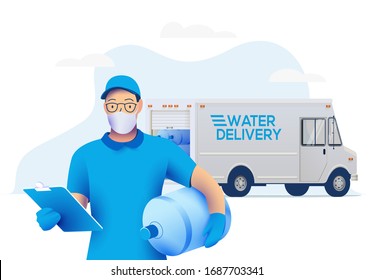 Delivery man in medical protective mask holding a big bottle with clean water and delivery truck on background. Water delivery service during quarantine concept. Vector illustration.